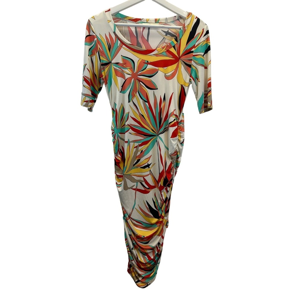 My Bump Maternity Dress Medium White Yellow Red Floral 1/2 sleeve Shirred